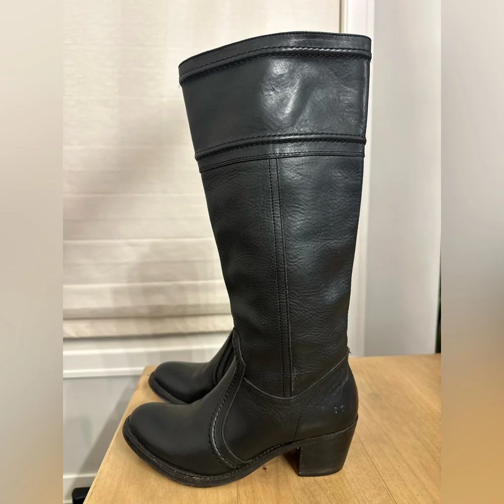 Frye Jean Tall Pull On Boot Black Over The Knee Leather Block Heel Womens 8 B